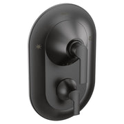 Moen Doux matte black shower valve trim with dual lever handles and built-in transfer valve control.