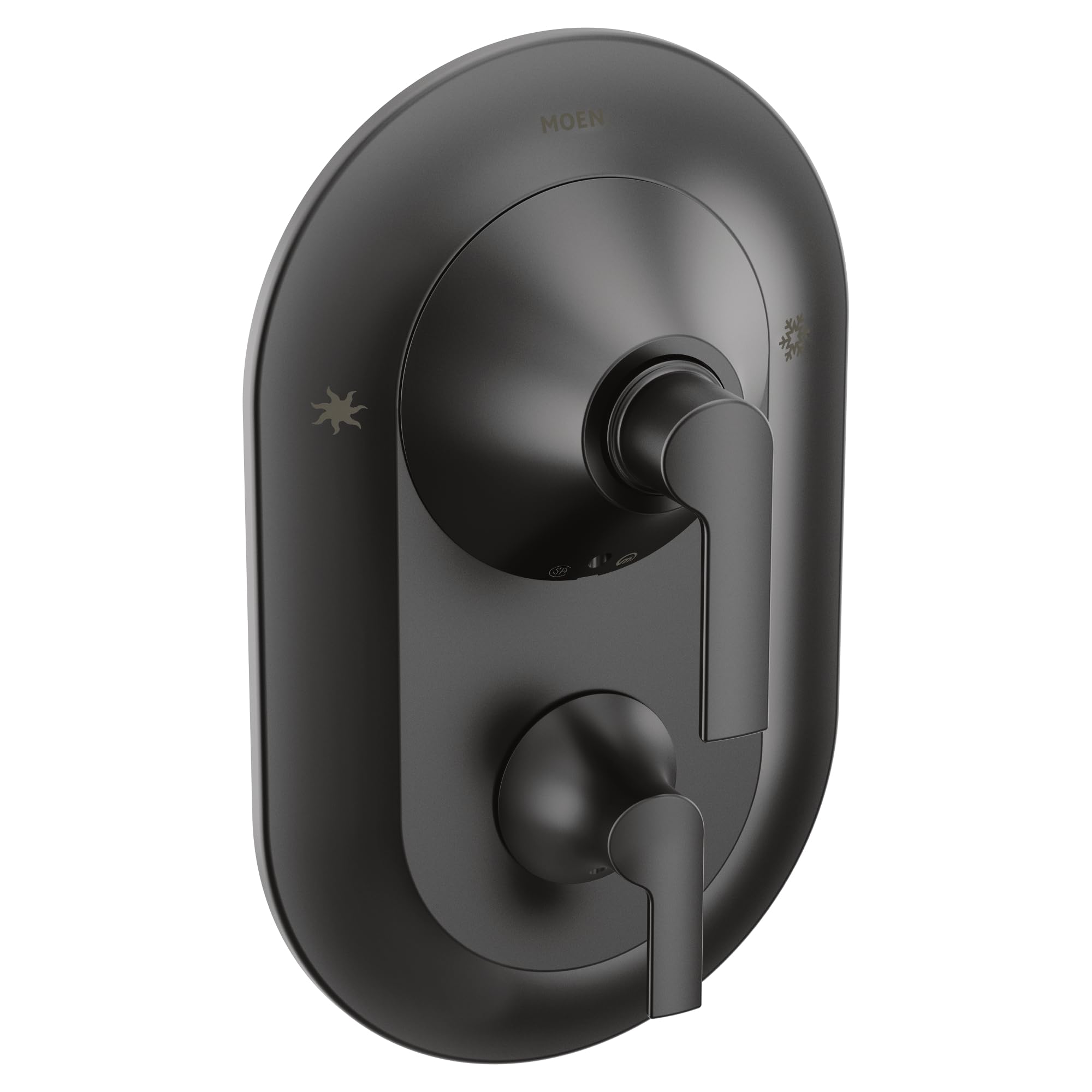Moen Doux matte black shower valve trim with dual lever handles and built-in transfer valve control.