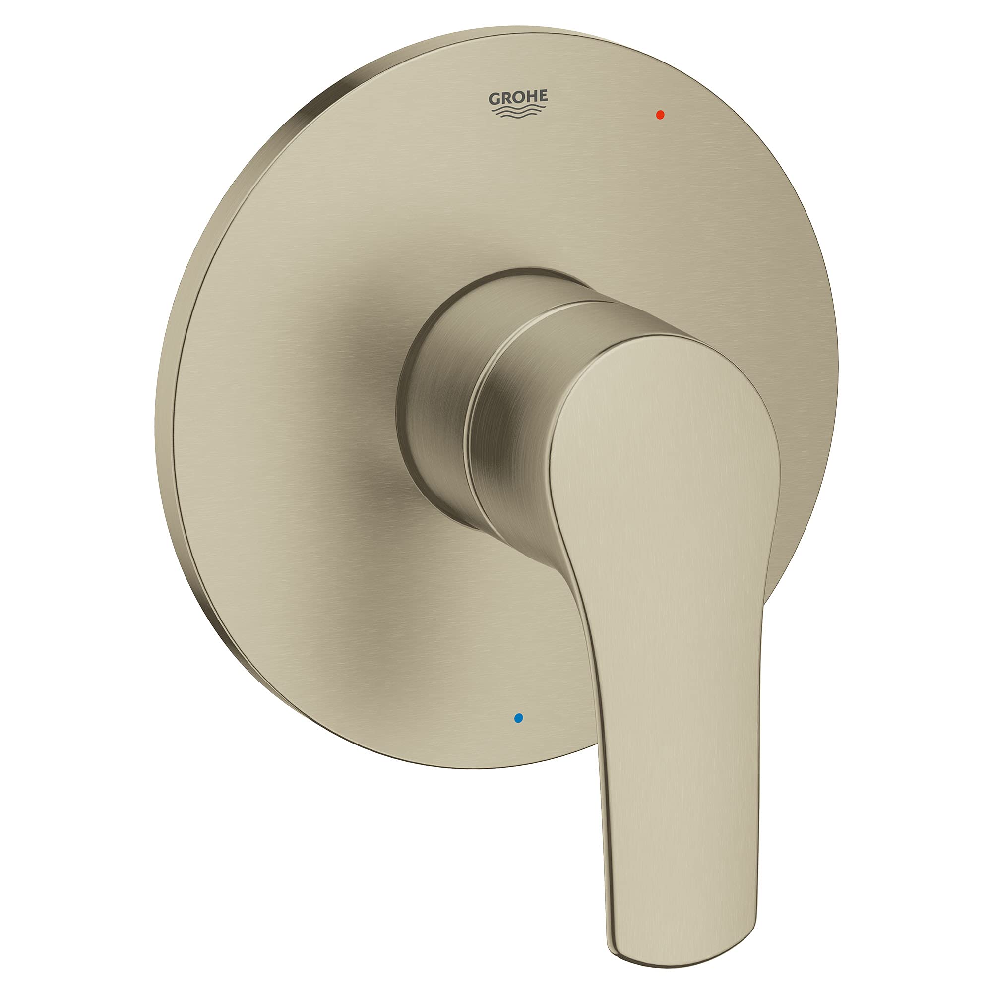 Grohe Eurosmart brushed nickel pressure balance valve trim with lever handle and circular escutcheon plate.