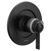 Matte black round thermostatic valve trim with spherical handle and concentric circular escutcheon plate.