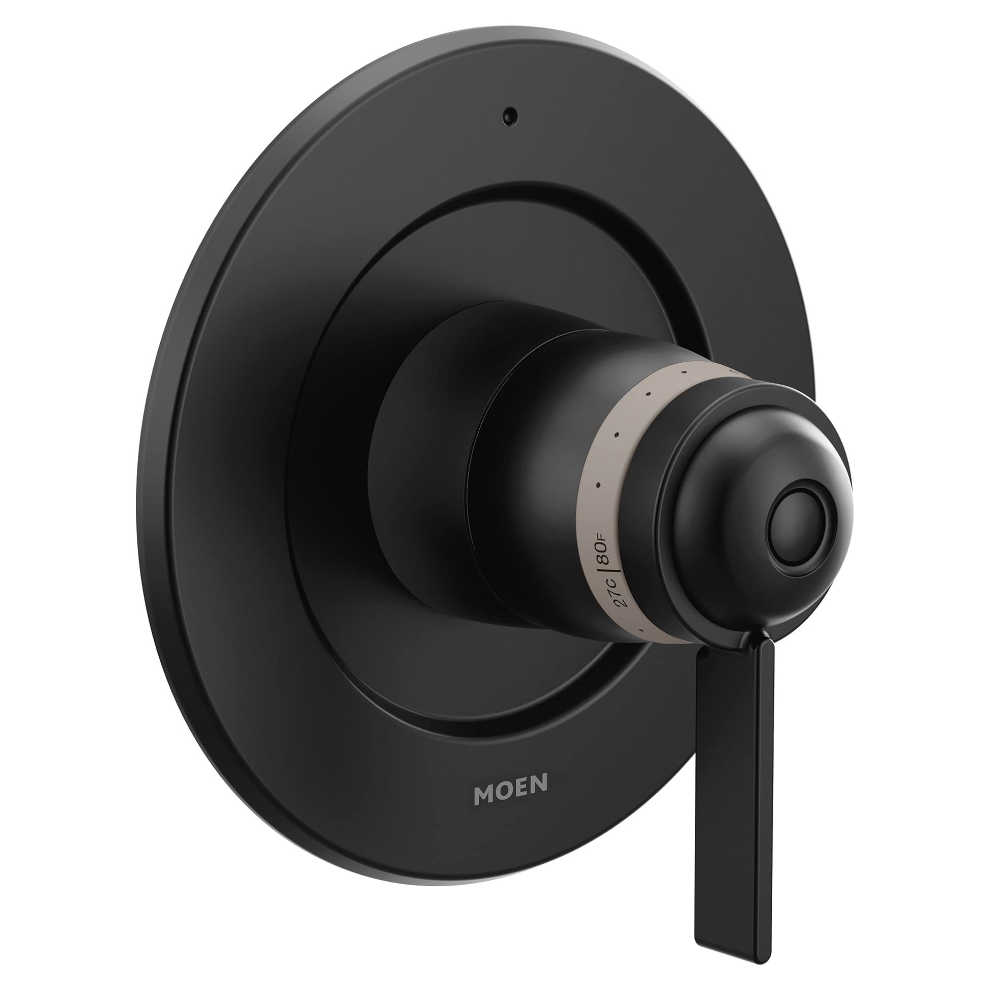 Matte black round thermostatic valve trim with spherical handle and concentric circular escutcheon plate.