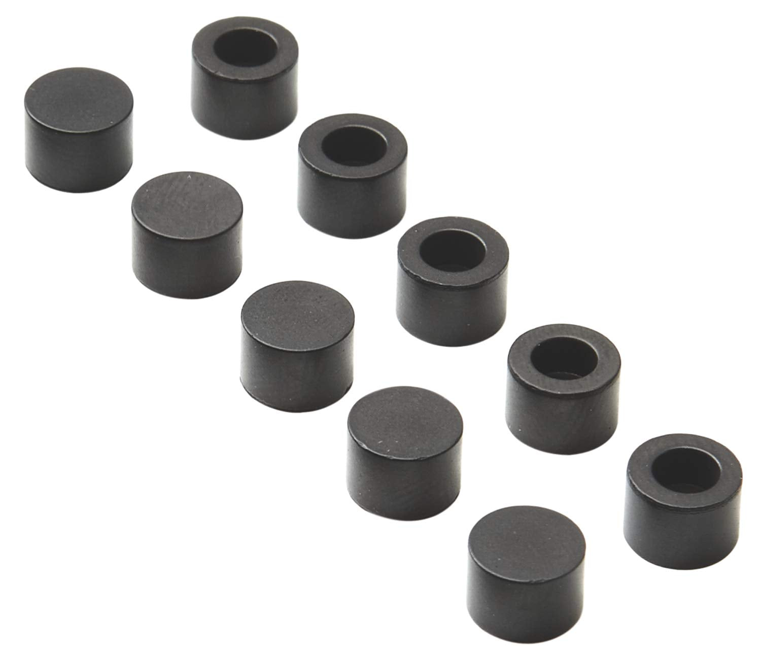 Nine dark gray cylindrical seals with flat tops and hollow centers arranged in rows.