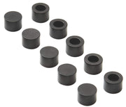 Nine dark gray cylindrical seals with flat tops and hollow centers arranged in rows.