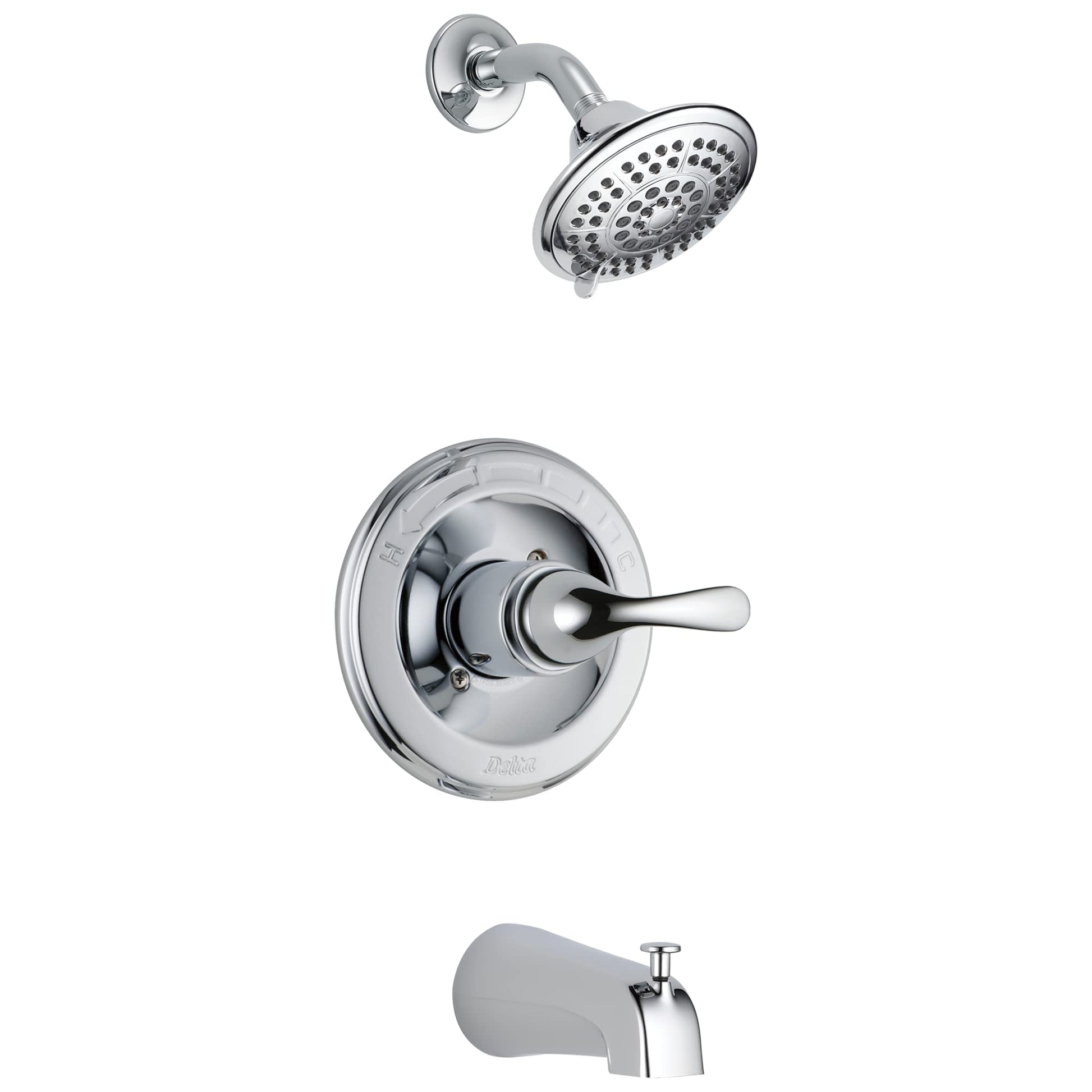 Chrome tub and shower trim with single lever handle, showerhead with perforations, and tub spout.