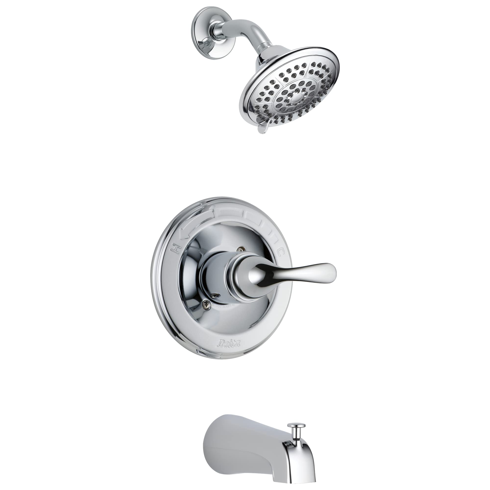 Chrome tub and shower trim with single lever handle, showerhead with perforations, and tub spout.