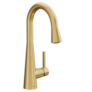 Brushed gold single-handle kitchen faucet with high arc spout and pulldown spray head.