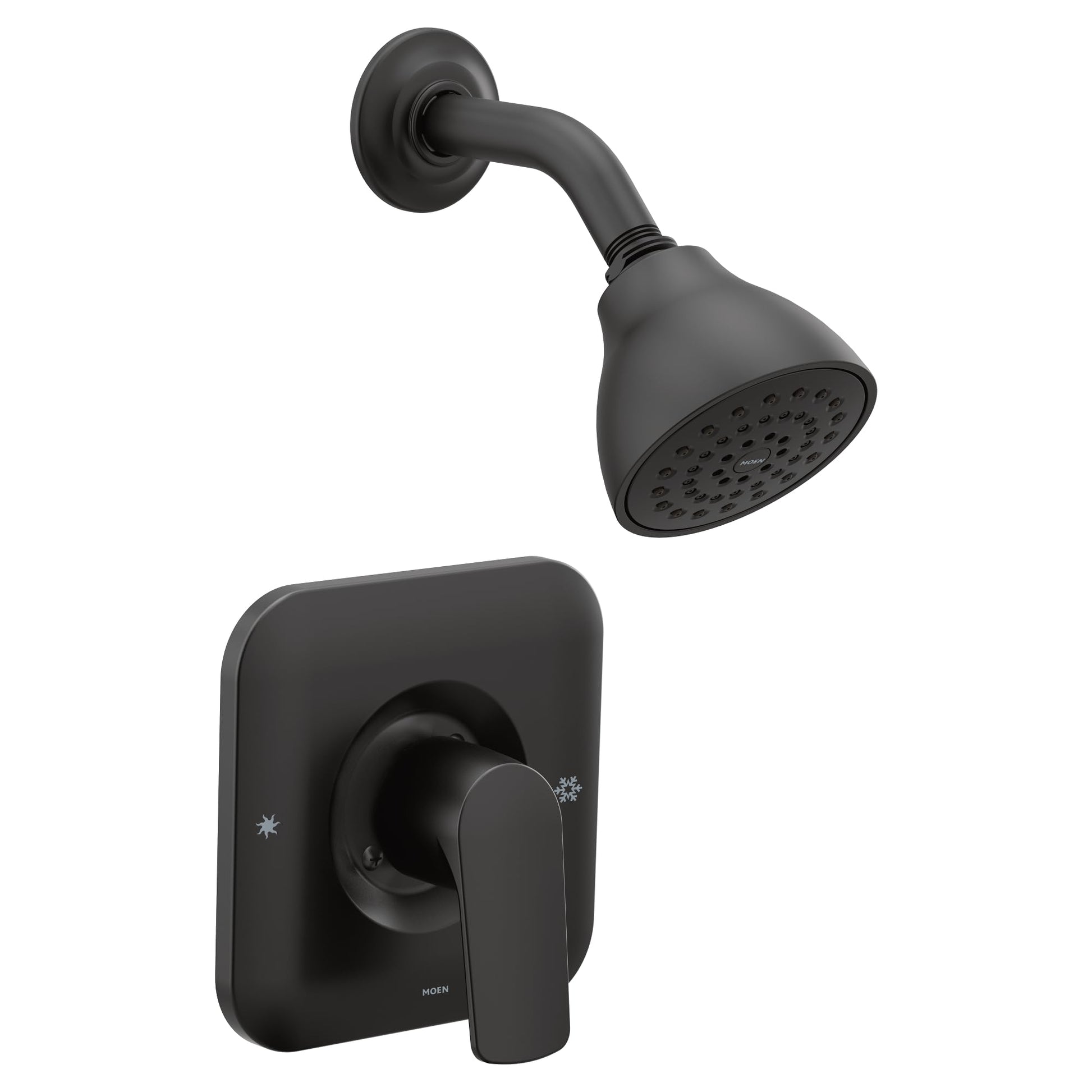 Matte black shower trim with round showerhead, curved arm, and square wall plate with temperature control lever.