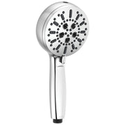 Chrome hand shower with multiple spray jets and white grip handle.