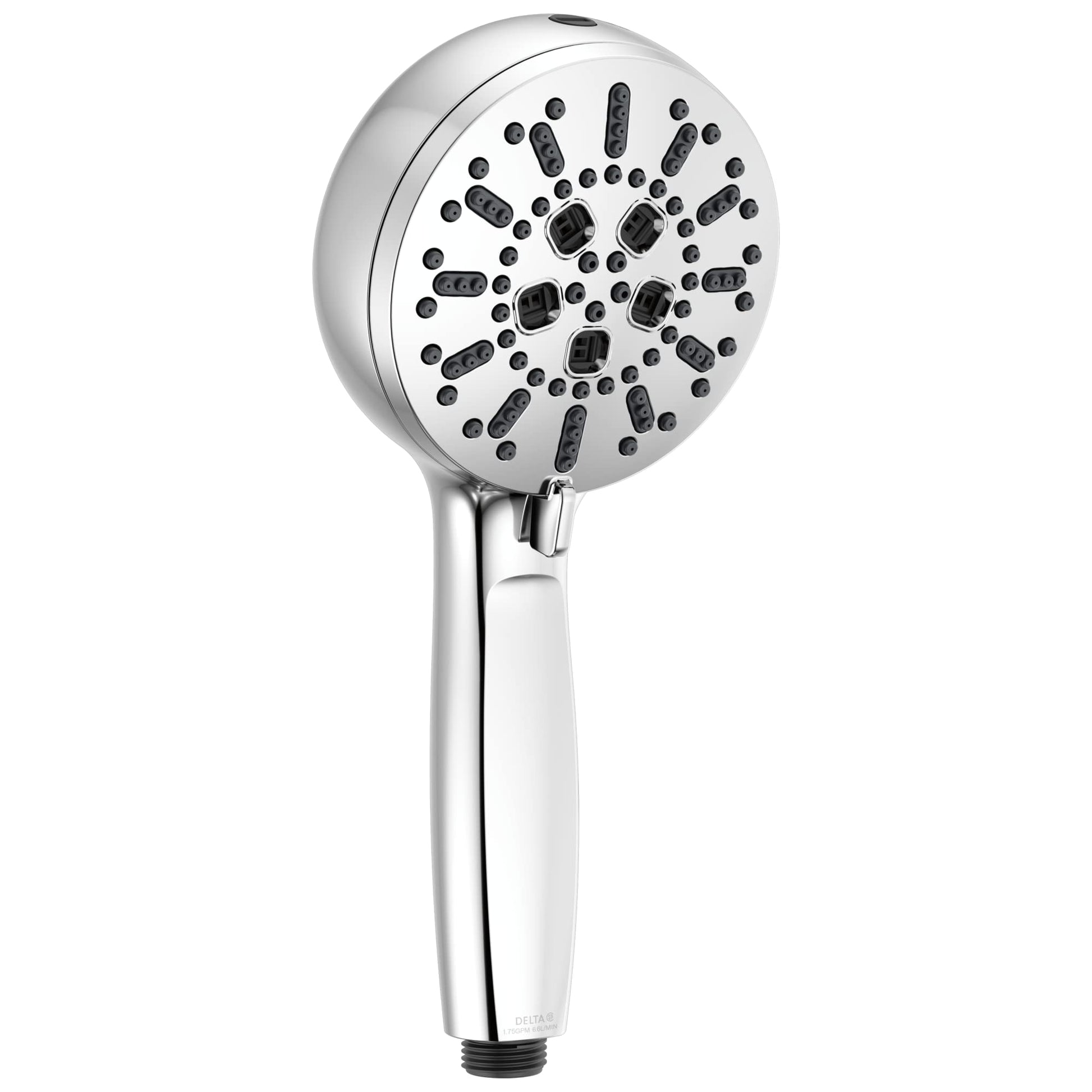 Chrome hand shower with multiple spray jets and white grip handle.