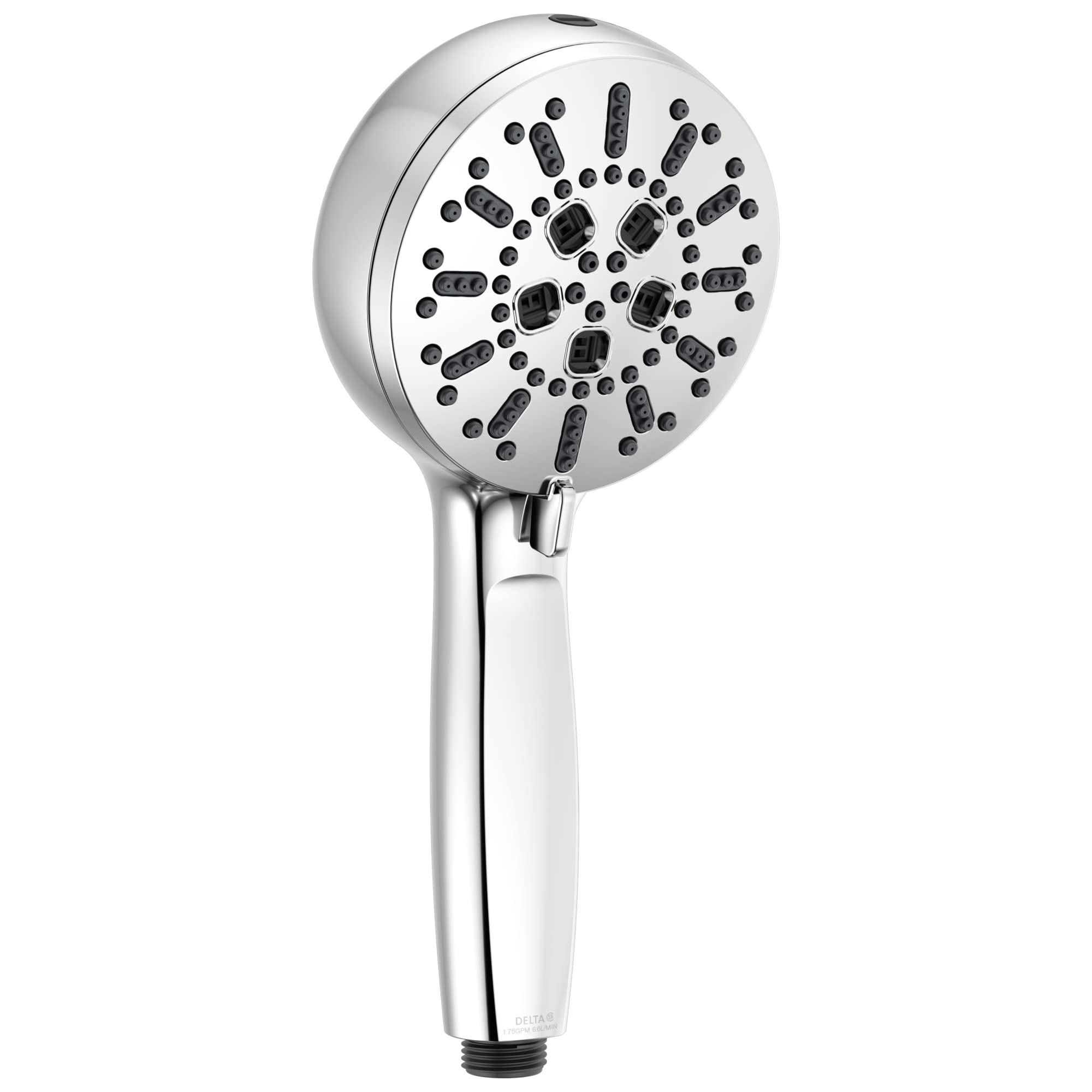 Chrome hand shower with multiple spray jets and white grip handle.