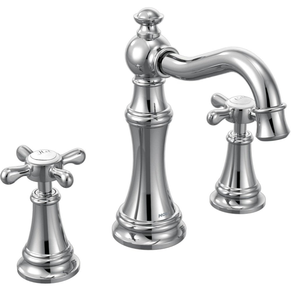 Polished nickel widespread lavatory faucet with cross handles, curved spout, and spherical aerator cap.