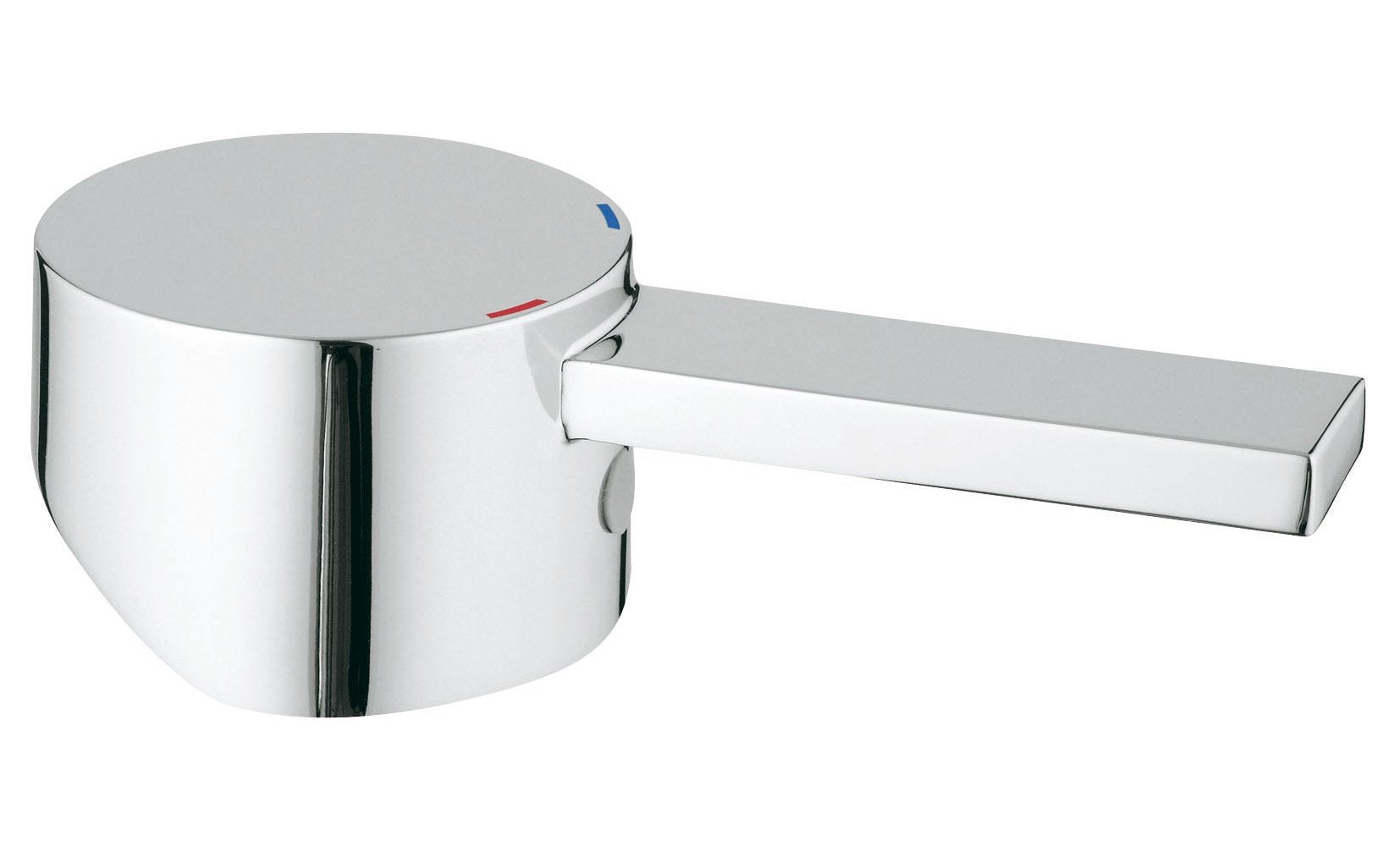 Chrome lever handle with cylindrical cap and rectangular grip arm for faucet control.