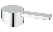 Chrome lever handle with cylindrical cap and rectangular grip arm for faucet control.