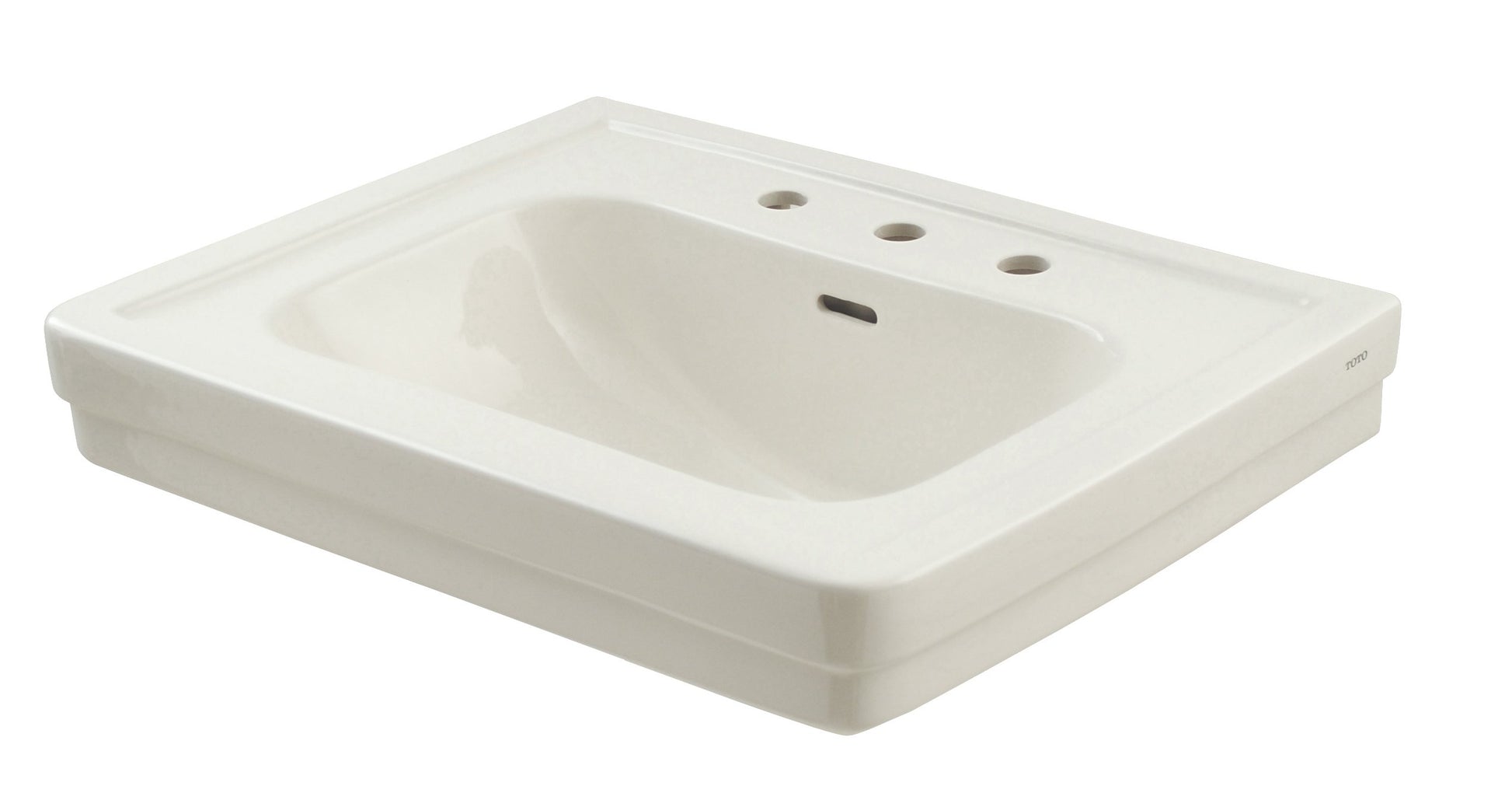 White rectangular bathroom sink with self-rimming edge and three faucet holes on the deck.
