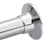 Chrome shower rod flange with cylindrical mounting bracket and visible mounting holes.