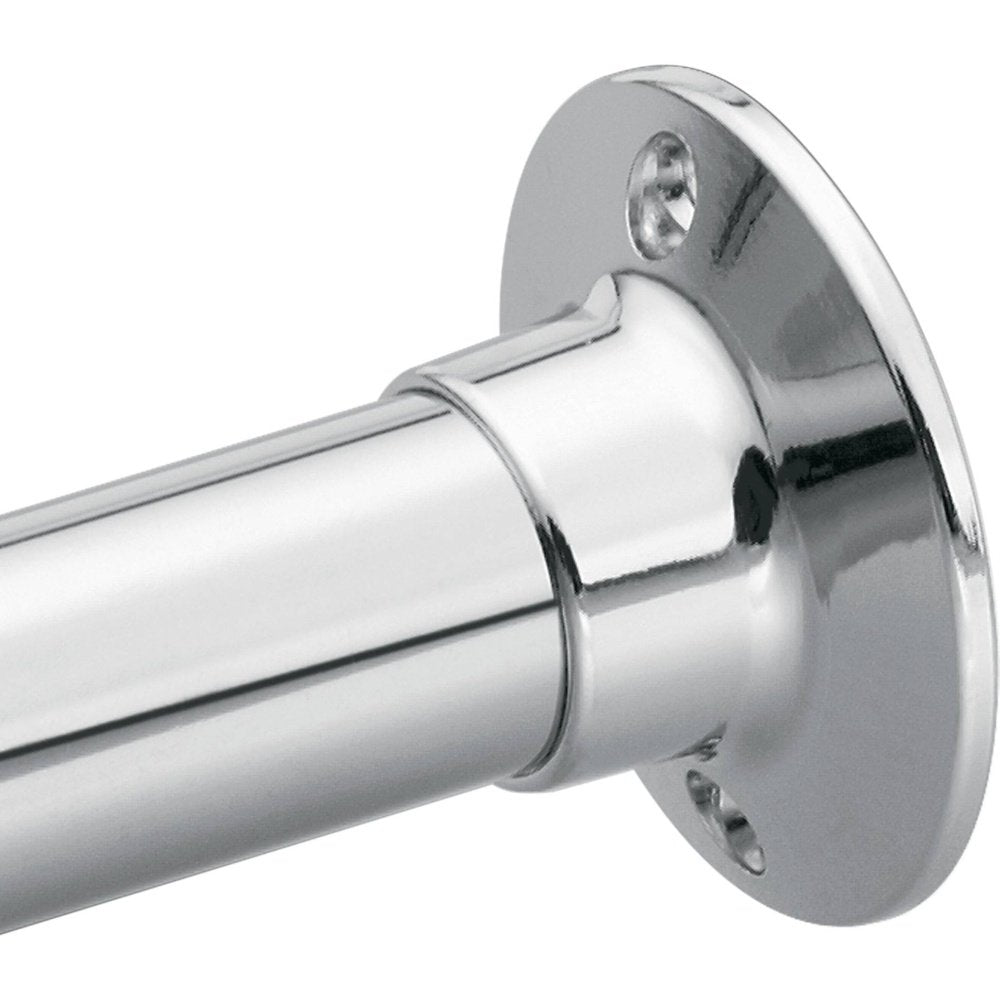 Chrome shower rod flange with cylindrical mounting bracket and visible mounting holes.