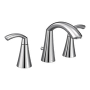 Chrome widespread bathroom sink faucet with high arc spout and two curved handles.