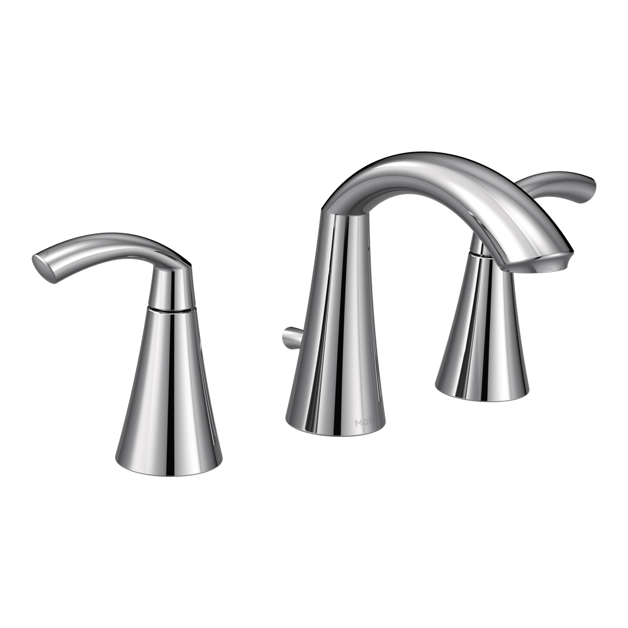Chrome widespread bathroom sink faucet with high arc spout and two curved handles.