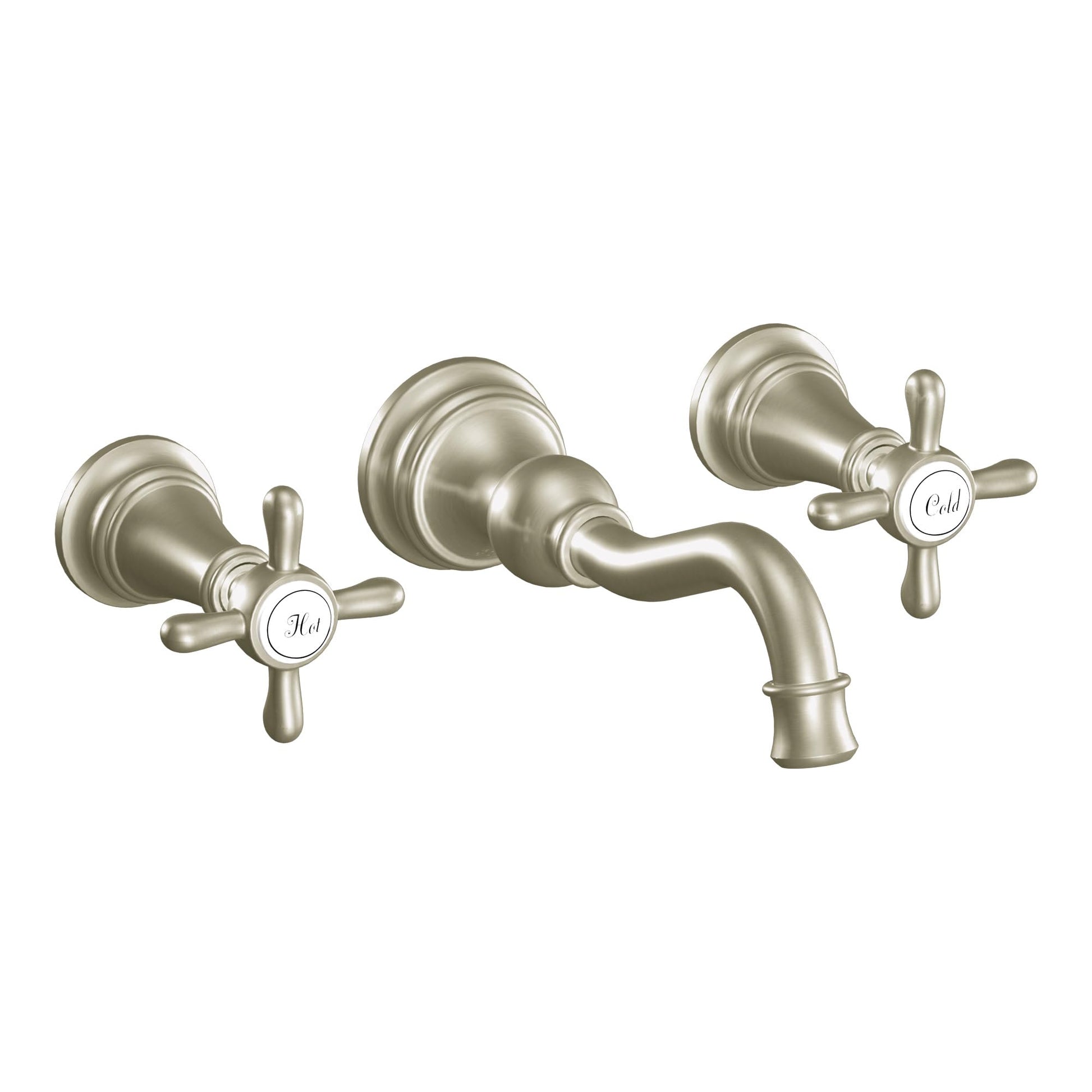 Brushed nickel wall-mount bathroom faucet trim with cross handles, curved spout, and round escutcheons.