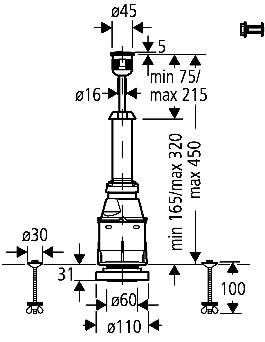 Technical diagram of Grohe servo discharge valve showing cross-section with dimensional specifications and internal component