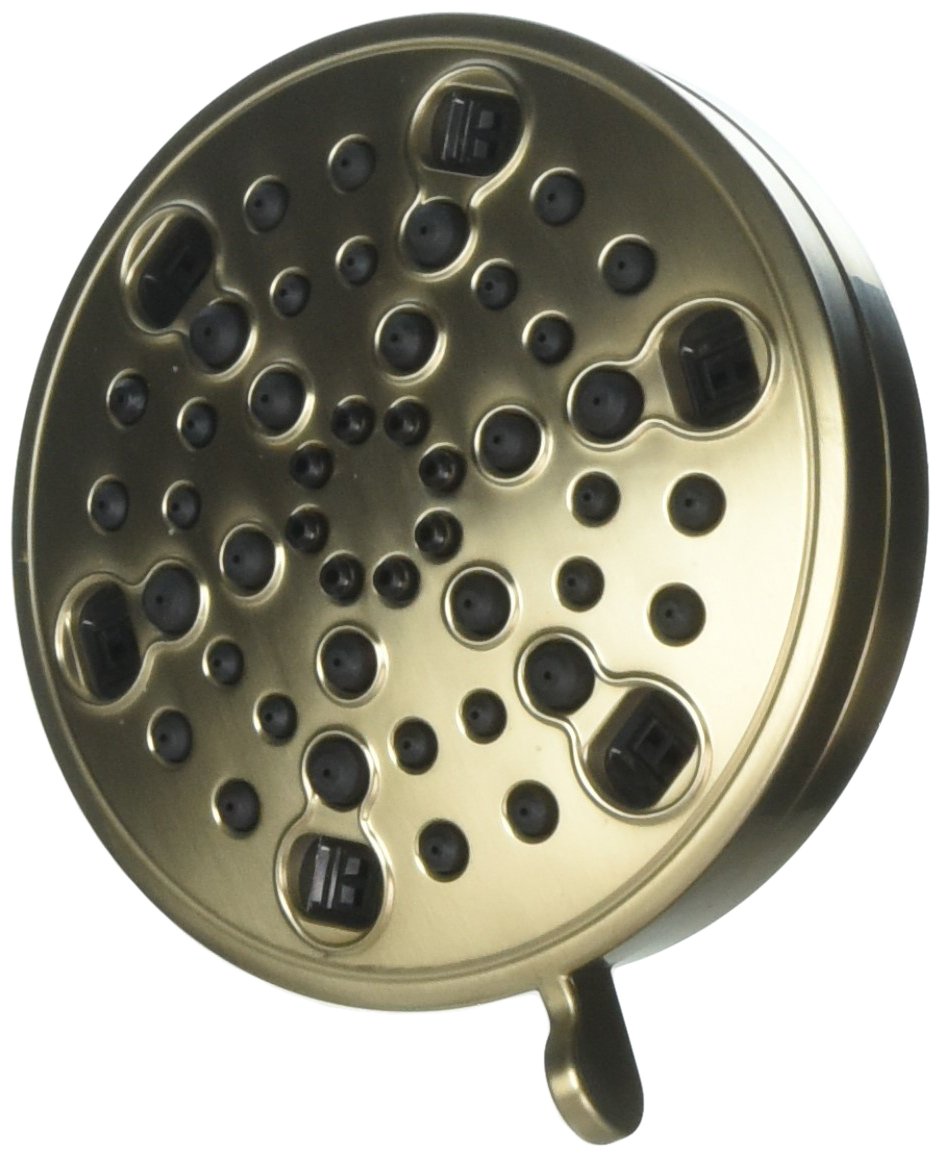 Champagne bronze circular shower head with multiple spray jets and setting buttons arranged across the face.