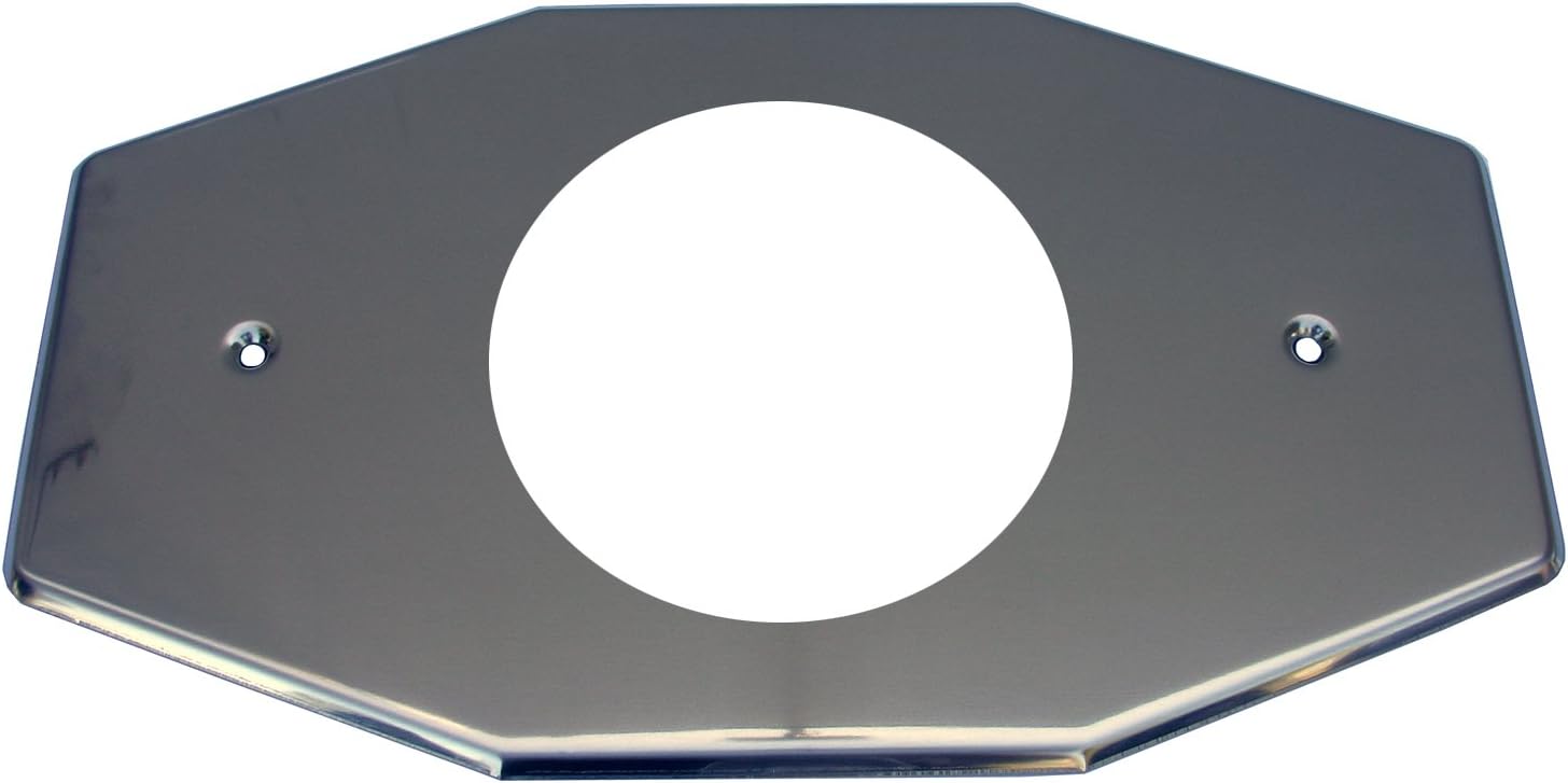 Stainless steel hexagonal shower valve cover plate with centered circular opening and two mounting holes.