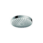 Chrome round shower head with multiple spray nozzles and Hansgrohe branding on rim.