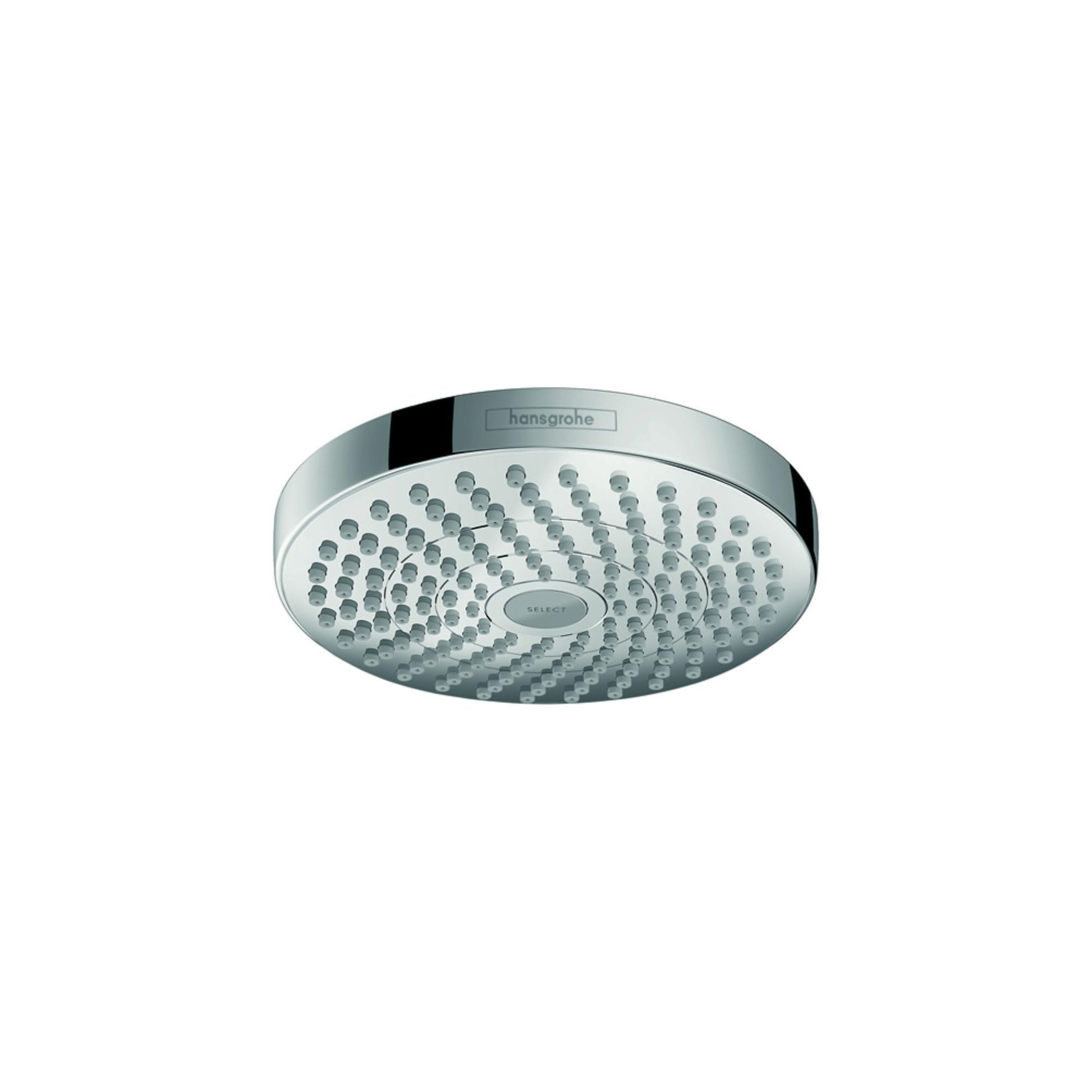Chrome round shower head with multiple spray nozzles and Hansgrohe branding on rim.