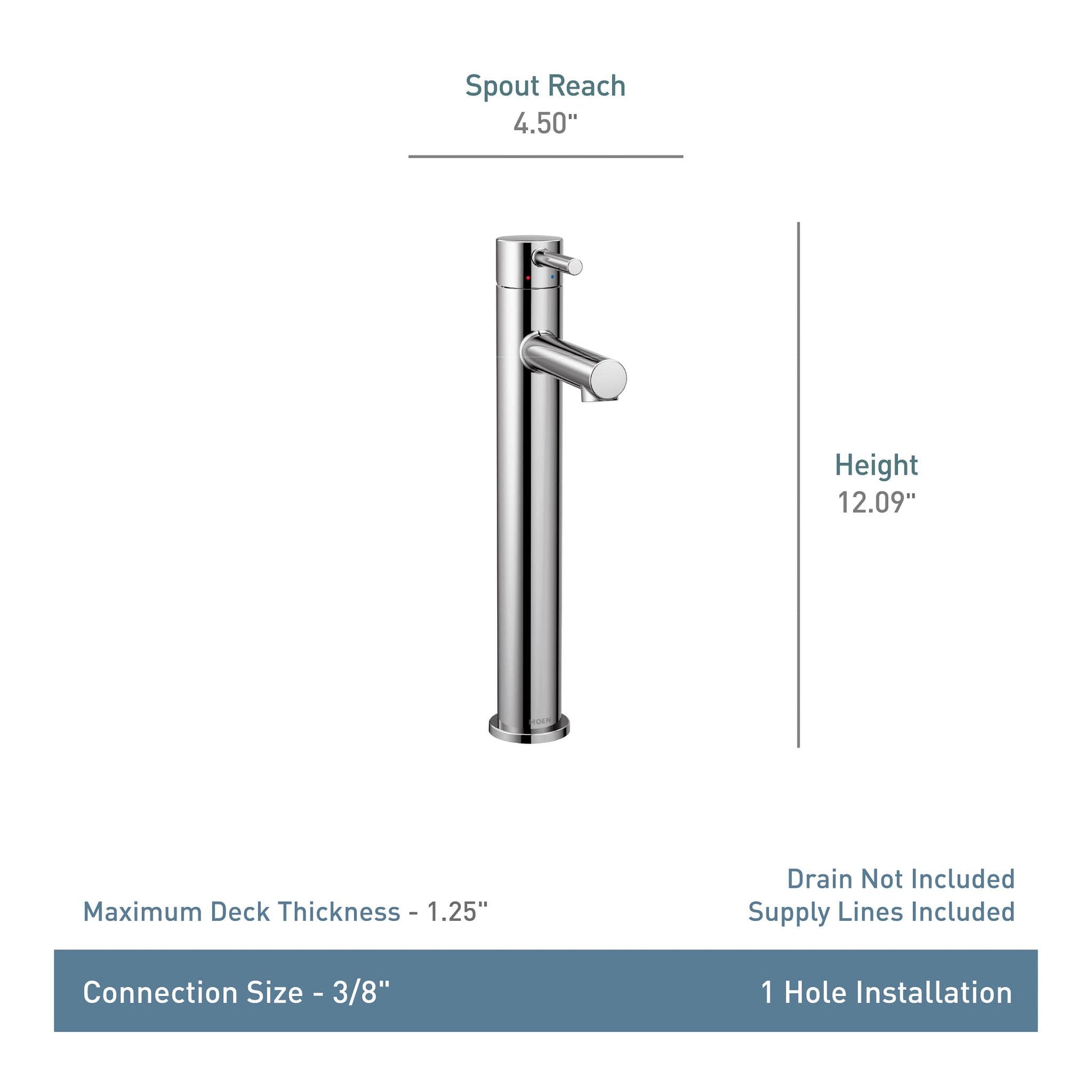 Chrome single-handle vessel sink faucet with tall cylindrical body, angled spout, and round handle.