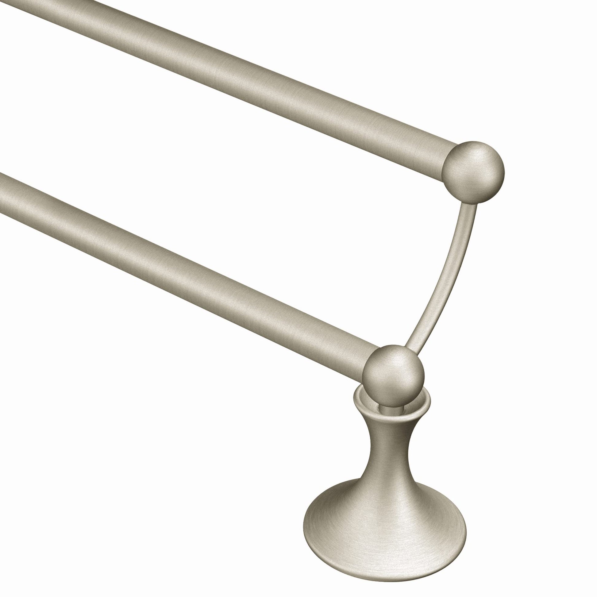 Brushed nickel double towel bar with two parallel horizontal rods and sphere finials on pedestal base.