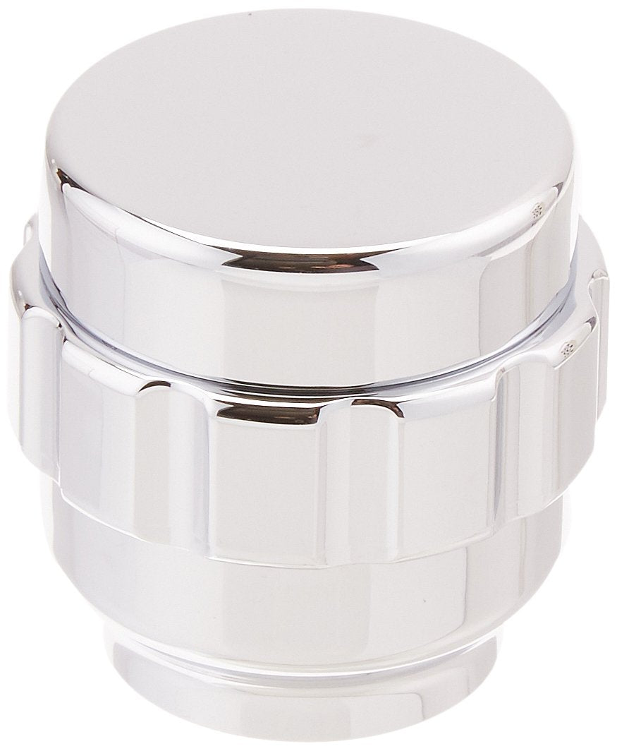 Chrome and white cylindrical faucet handle with grooved grip sections and polished metal trim band.