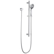 Chrome hand shower with circular spray head attached to vertical slide bar and flexible hose with wall mount.