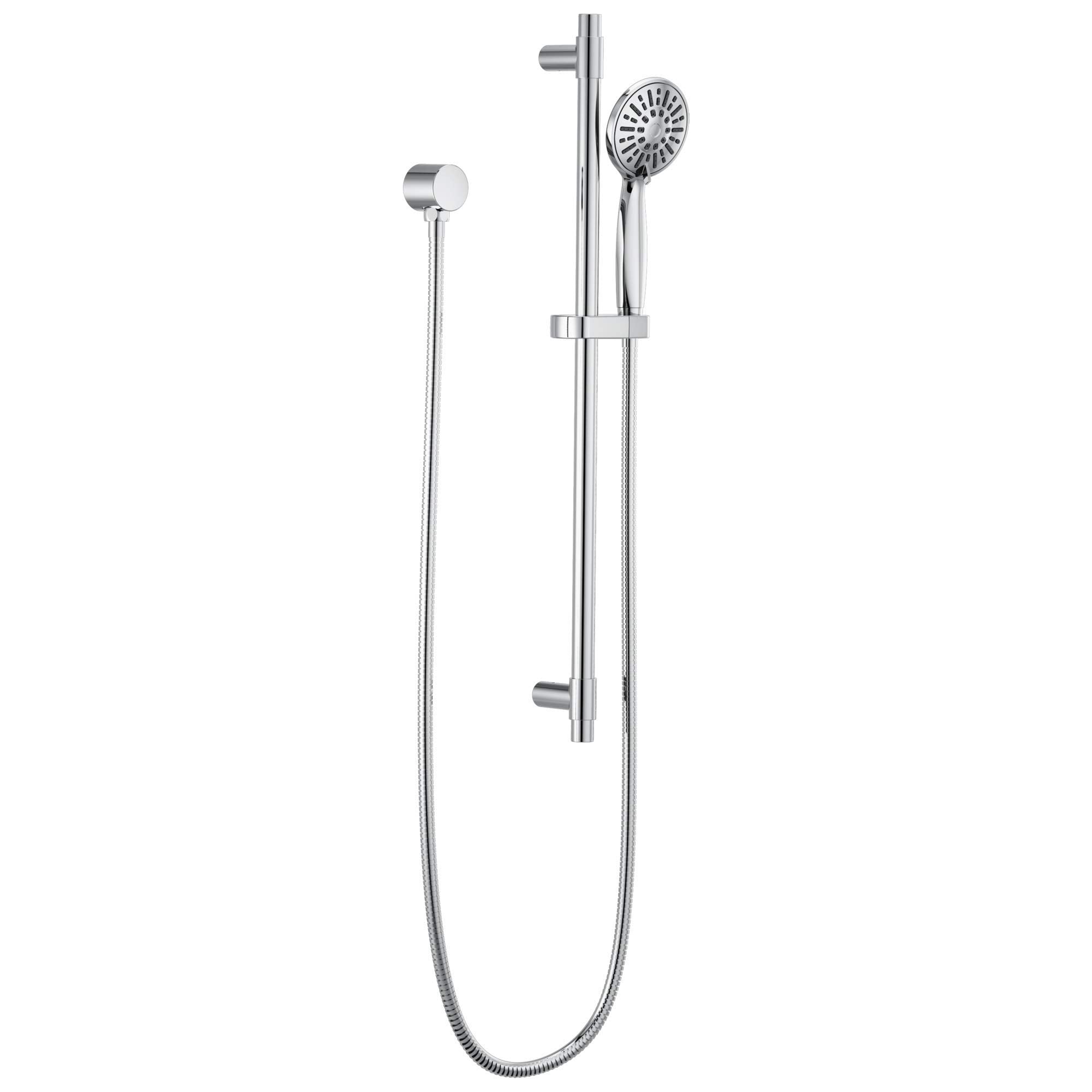 Chrome hand shower with circular spray head attached to vertical slide bar and flexible hose with wall mount.