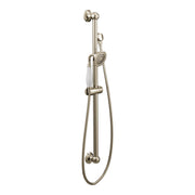 Polished nickel handheld showerhead with slide bar, metal hose, and wall-mounted bracket in traditional style.