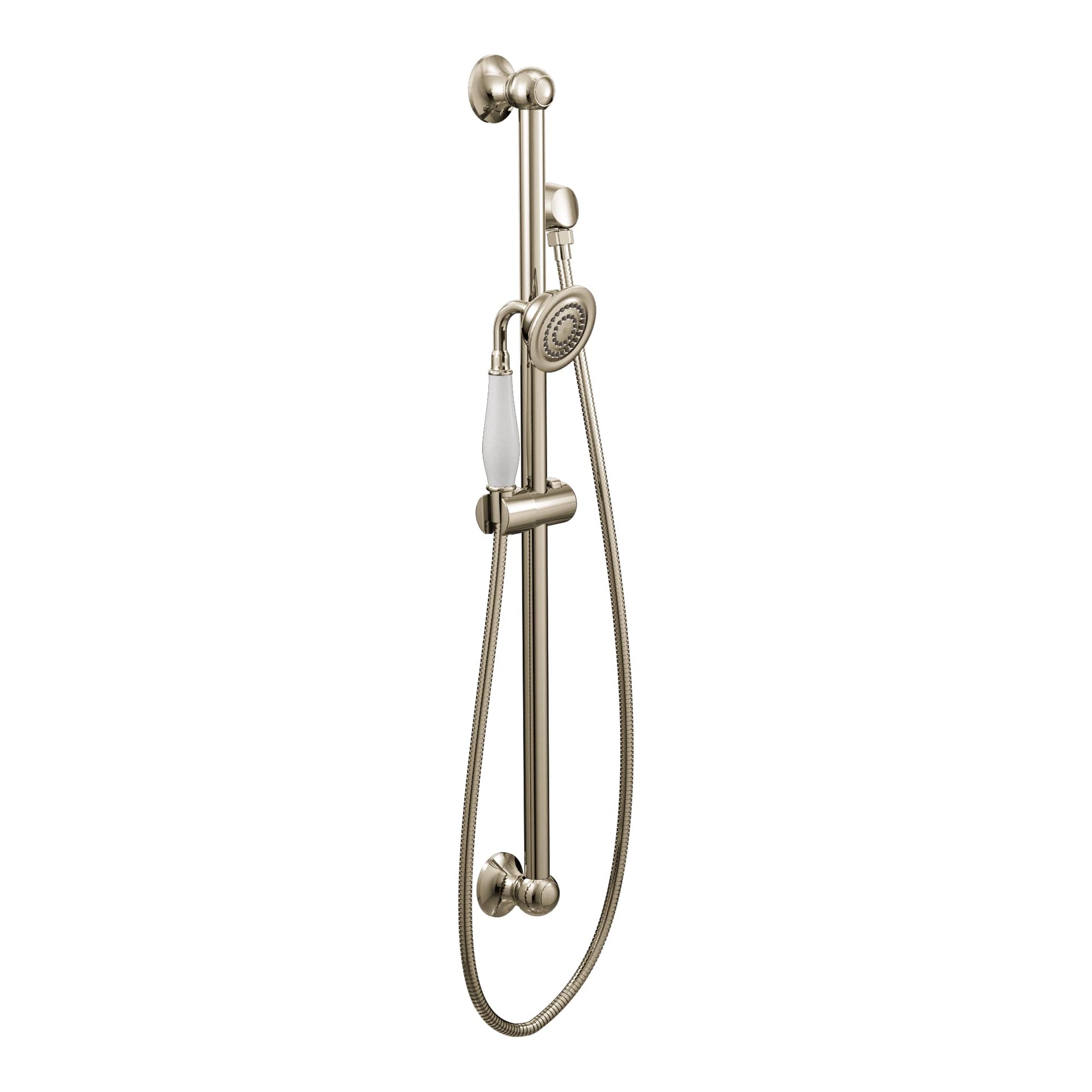 Polished nickel handheld showerhead with slide bar, metal hose, and wall-mounted bracket in traditional style.