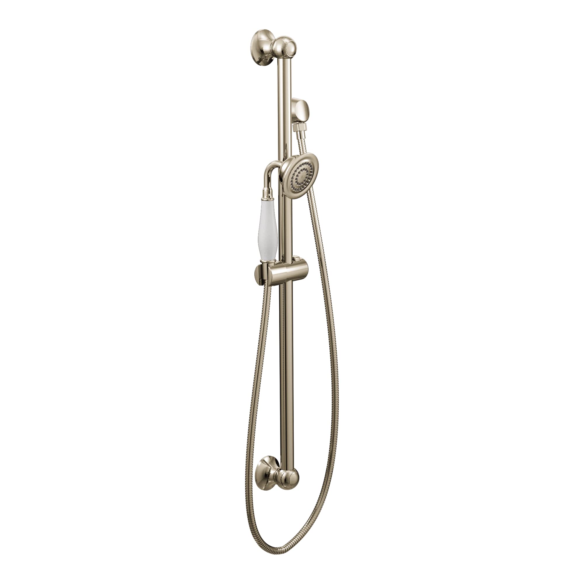 Polished nickel handheld showerhead with slide bar, metal hose, and wall-mounted bracket in traditional style.