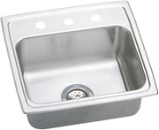 Stainless steel single bowl drop-in sink with three mounting holes and drain strainer visible.