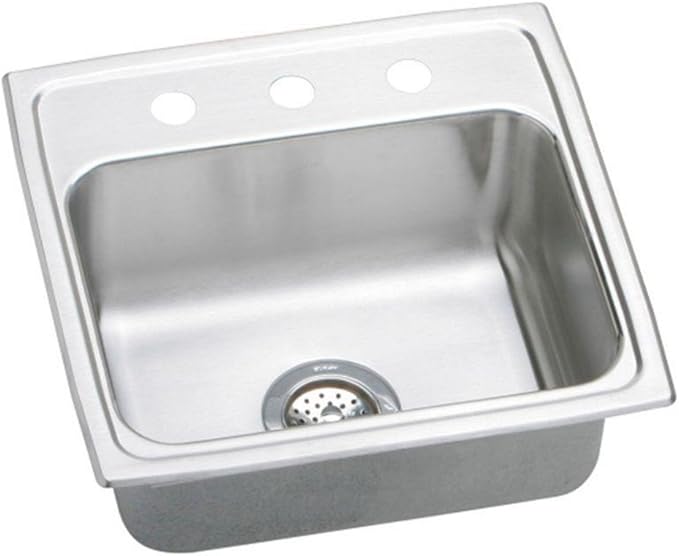 Stainless steel single bowl drop-in sink with three mounting holes and drain strainer visible.