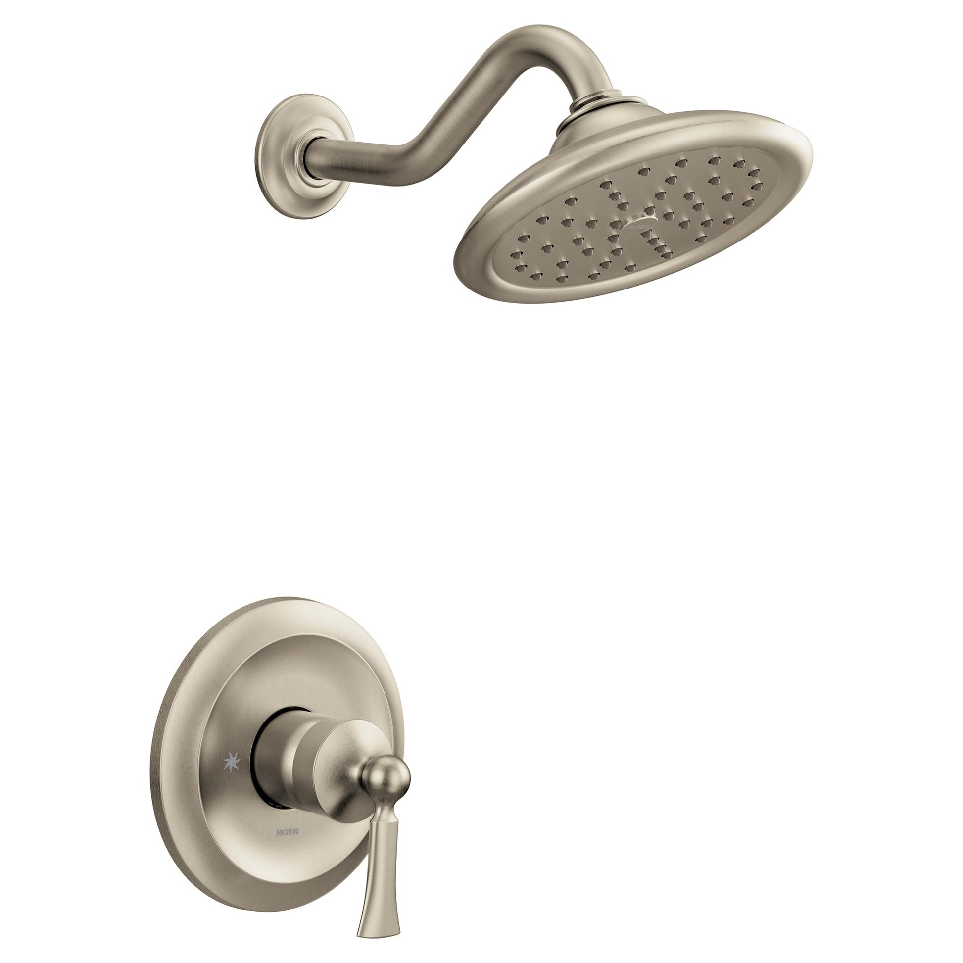 Brushed nickel shower trim with single handle lever control, curved wall-mounted arm, and round perforated showerhead.
