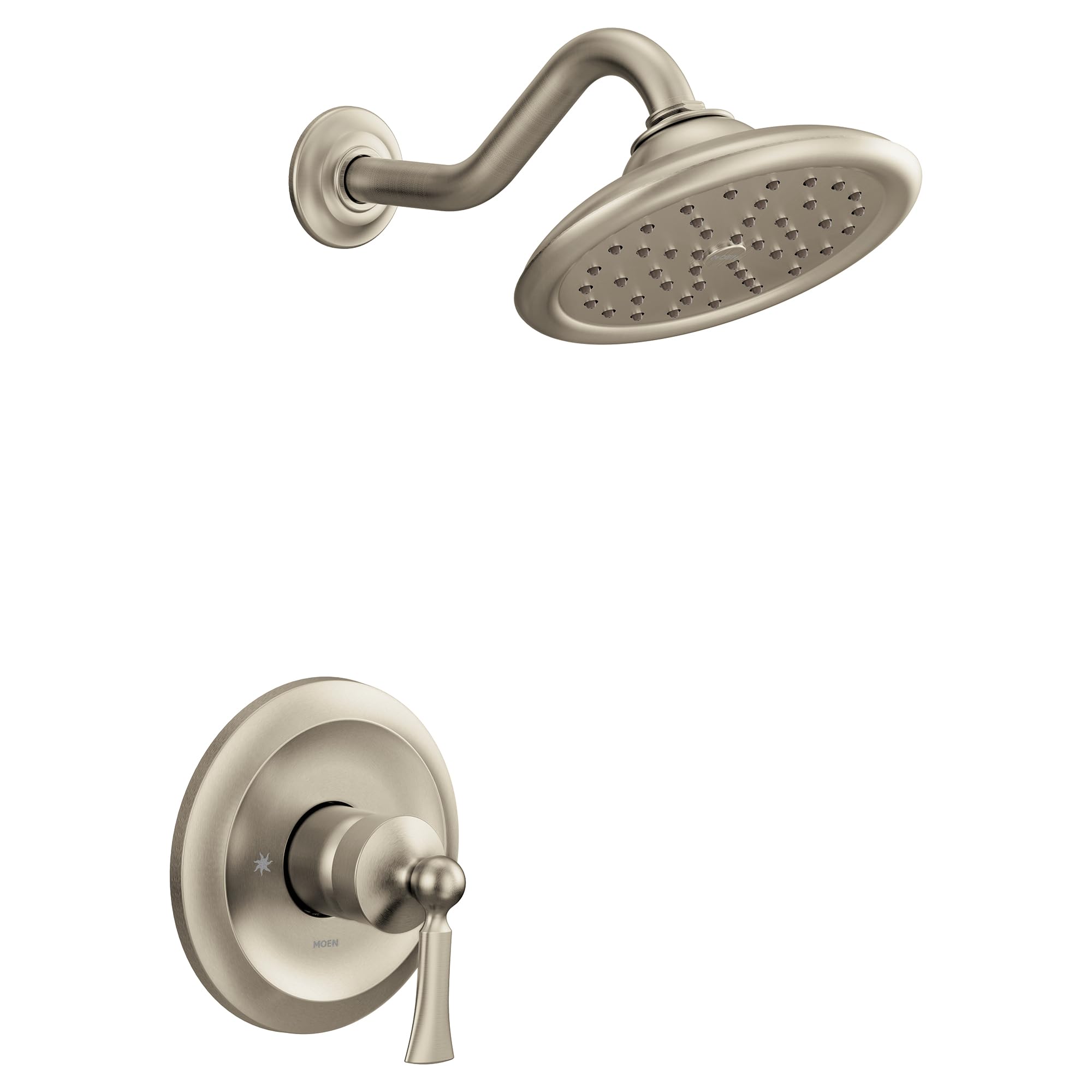Brushed nickel shower trim with single handle lever control, curved wall-mounted arm, and round perforated showerhead.