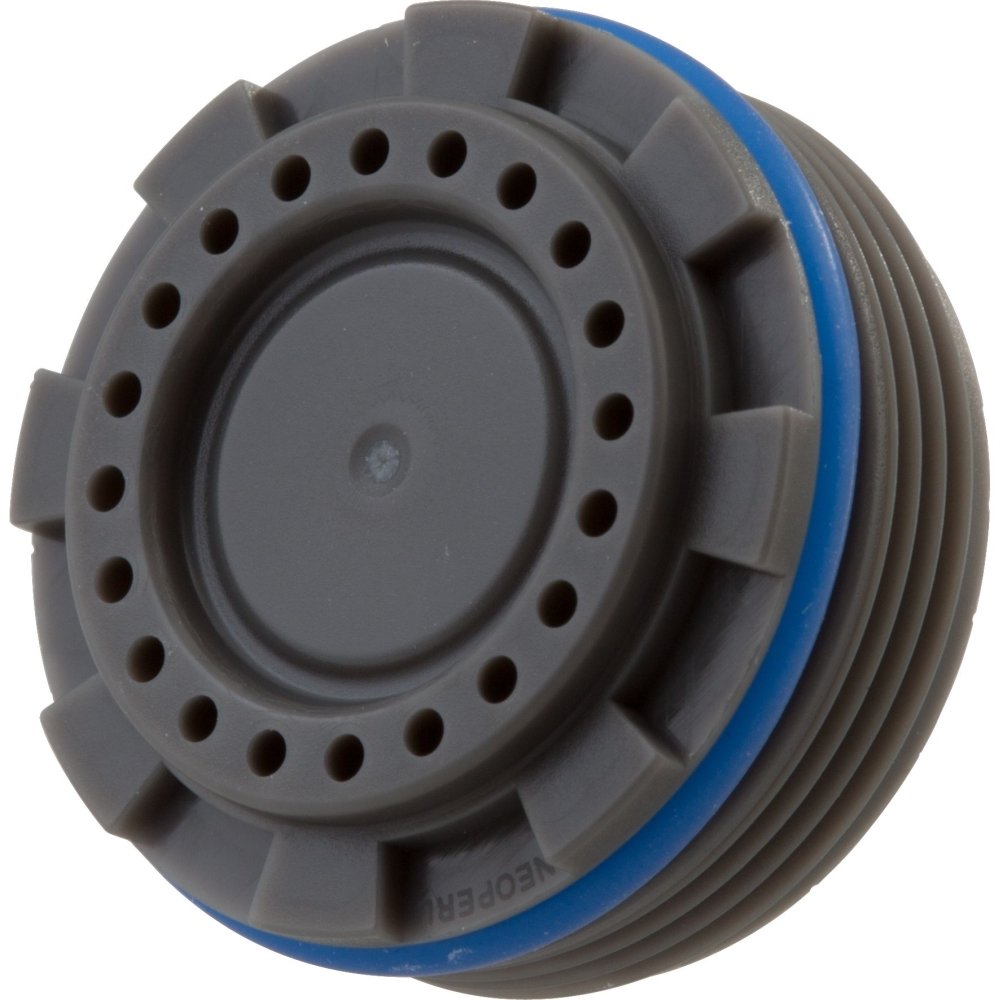 Chrome faucet aerator with gray perforated face, blue stripe, and threaded base for water flow control.