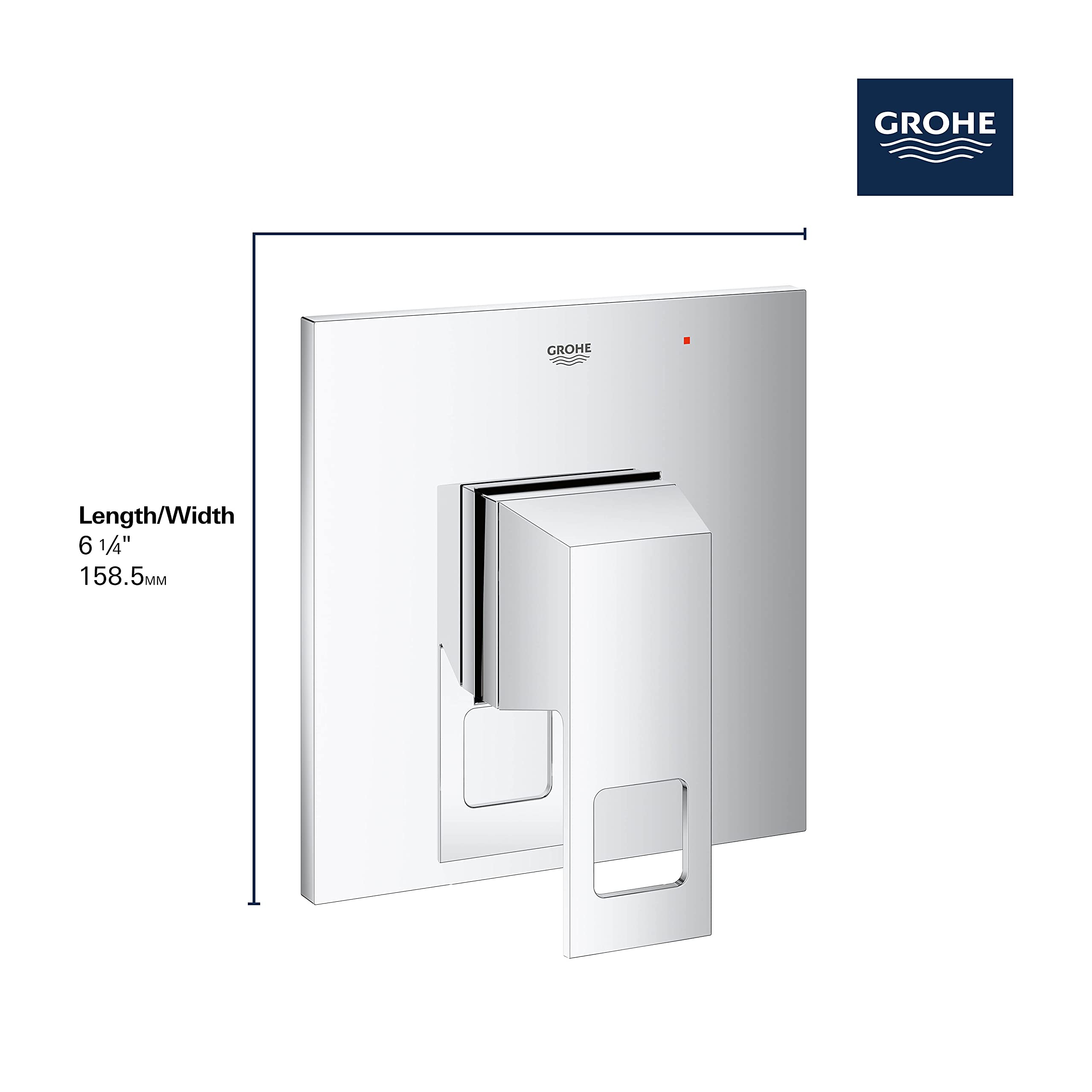 Chrome pressure balance valve trim with square escutcheon plate and lever handle for shower installation.