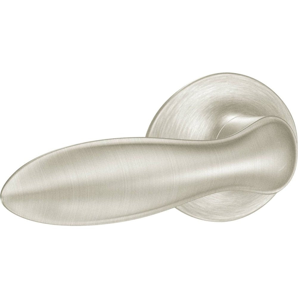 Brushed nickel toilet tank lever with curved handle and circular mounting plate.