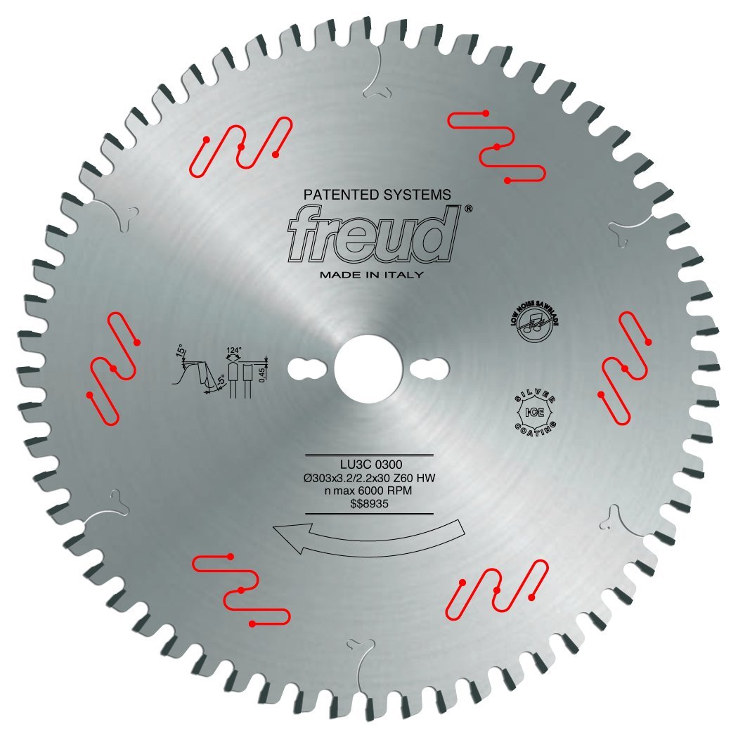 Freud LU3C 303mm circular saw blade with gray steel body, multiple teeth around perimeter, and center mounting hole.