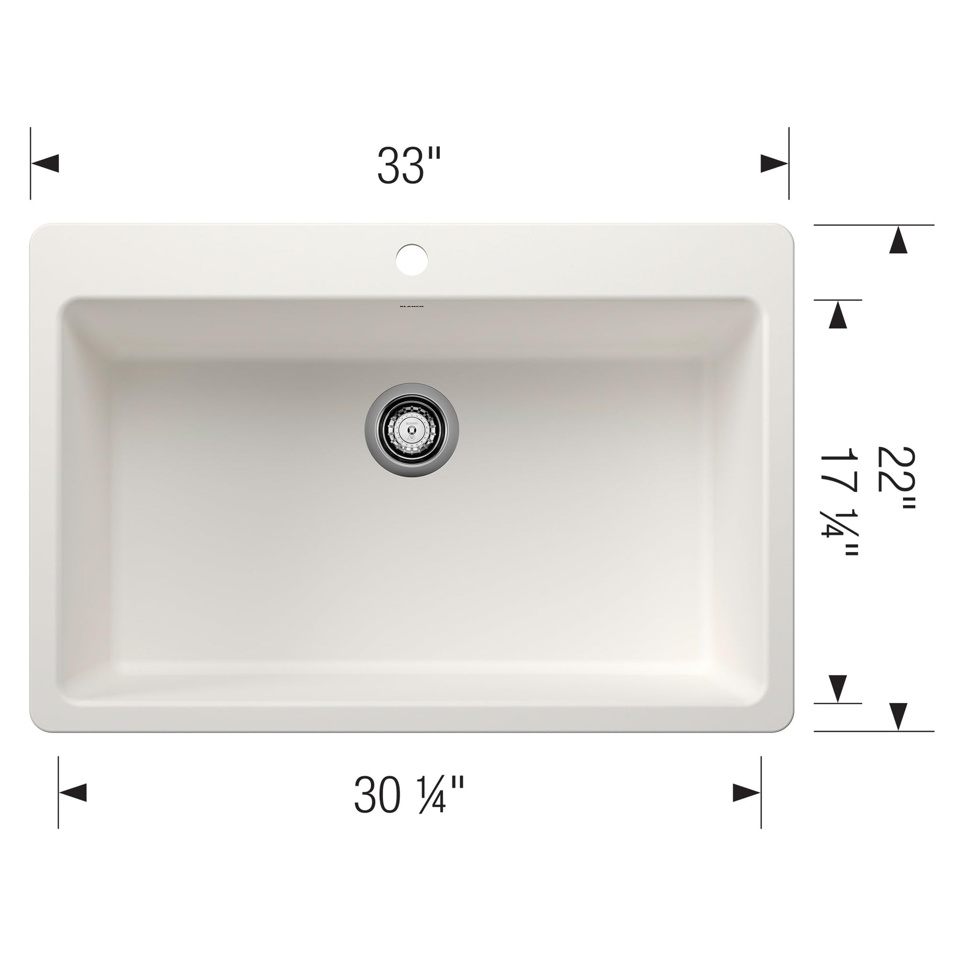 White rectangular single bowl kitchen sink with rounded corners, drain, and faucet hole, measuring 33" x 22" x 17.75".