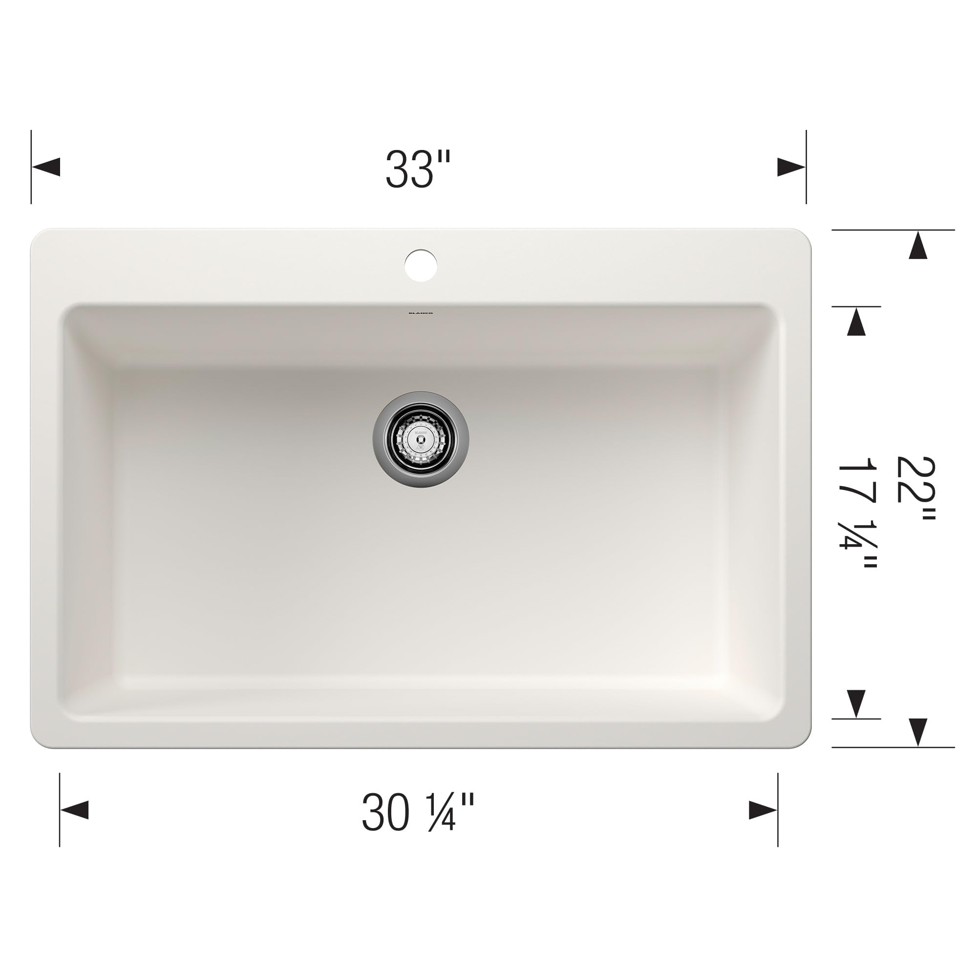 White rectangular single bowl kitchen sink with rounded corners, drain, and faucet hole, measuring 33" x 22" x 17.75".