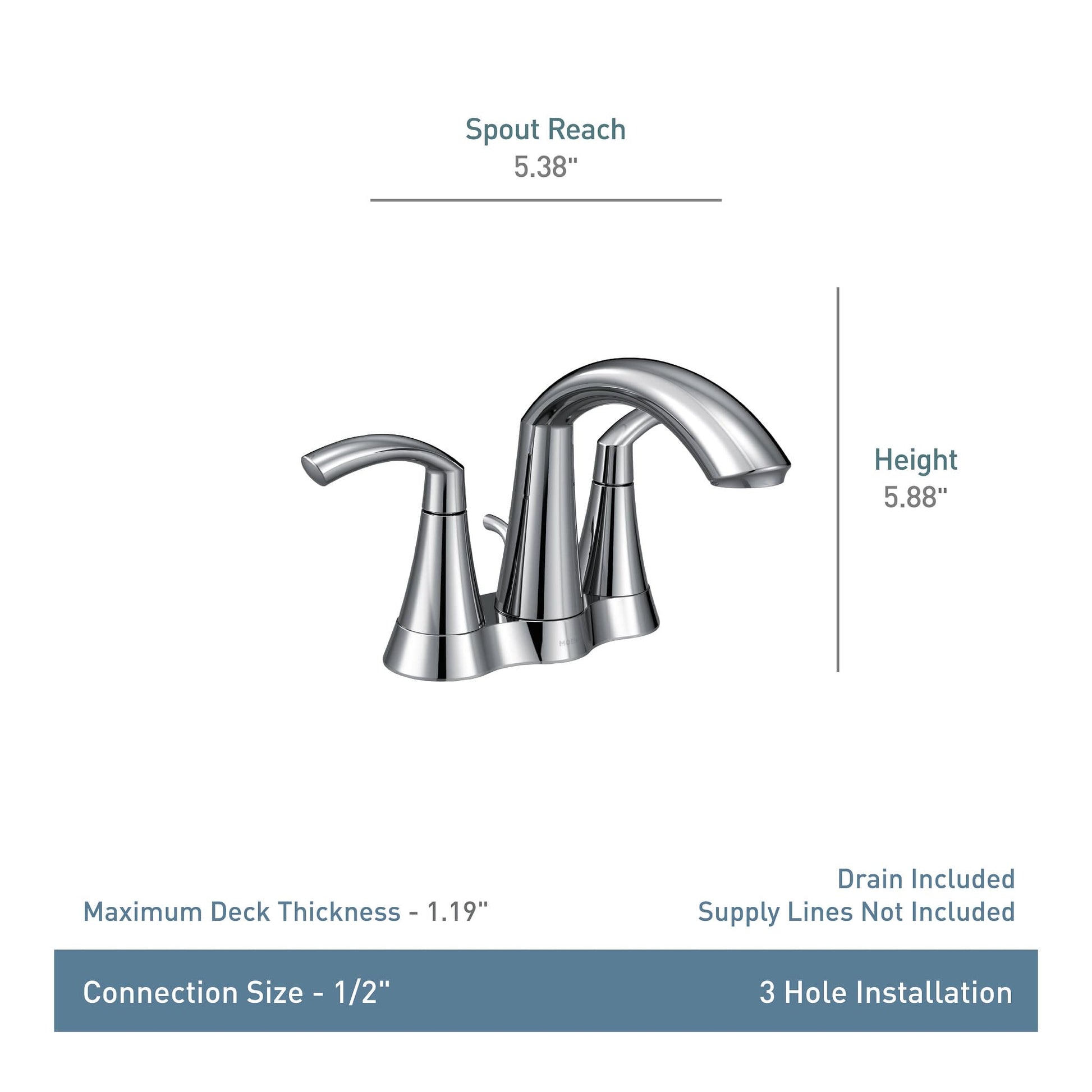Chrome two-handle centerset bathroom faucet with high arc spout, 5.38" reach and 5.88" height.