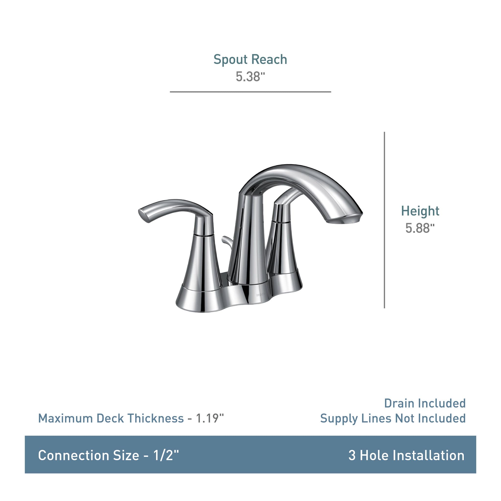 Chrome two-handle centerset bathroom faucet with high arc spout, 5.38" reach and 5.88" height.