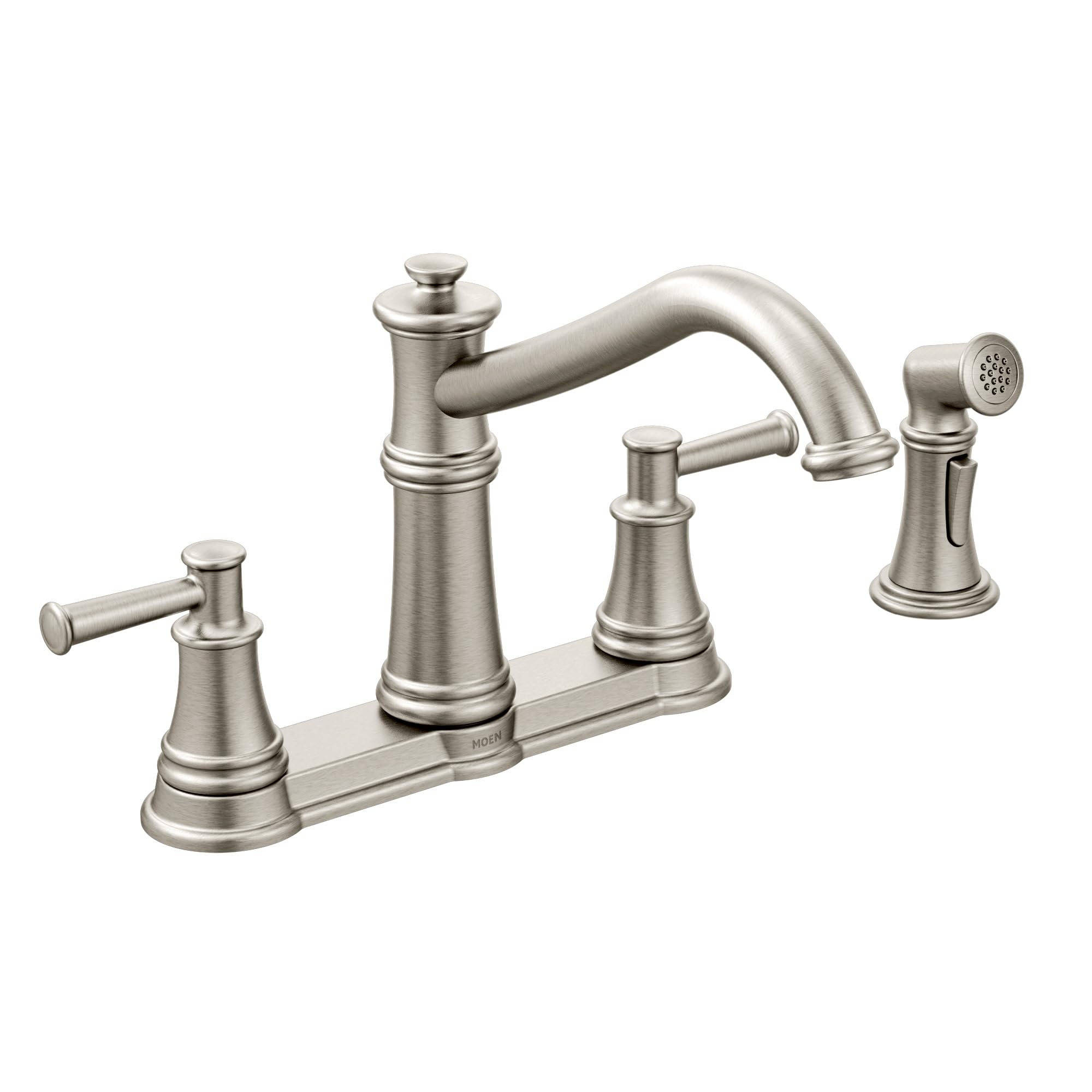 Stainless steel two-handle kitchen faucet with high arc spout, deck base, and detached side spray.