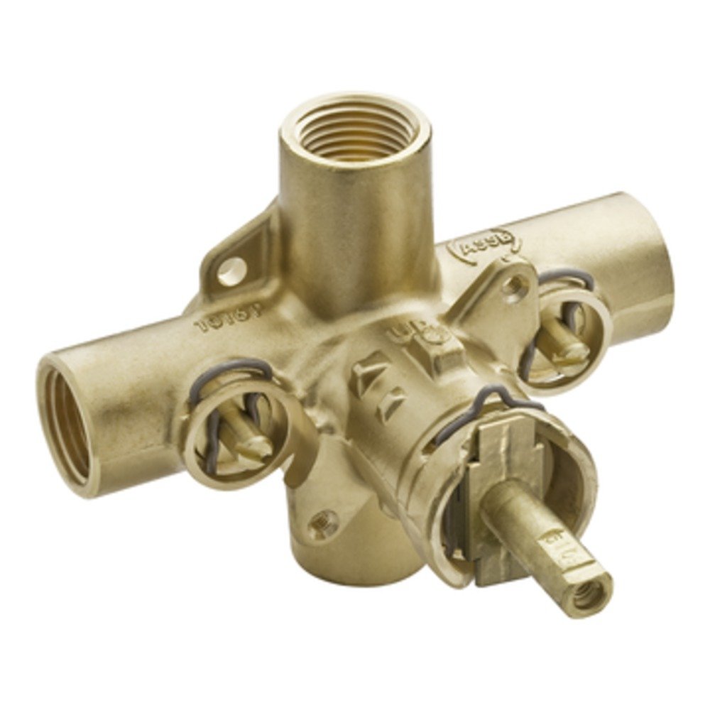 Brass commercial valve with multiple threaded ports and adjustment handles on white background.